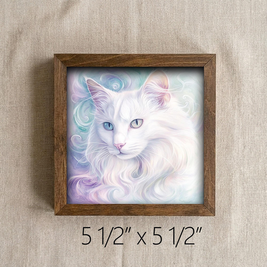 Framed White Cat Art Print | Whimsical Farmhouse Shelf Decor