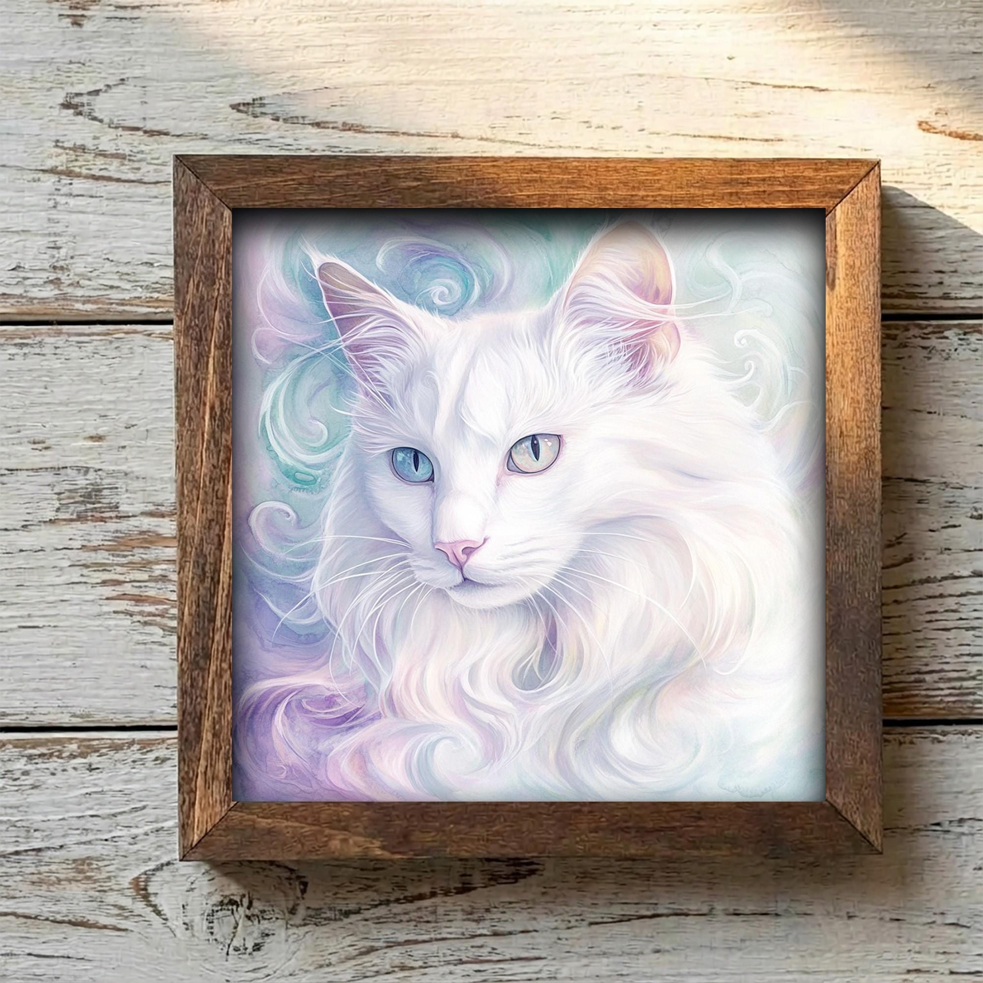 Framed White Cat Art Print | Whimsical Farmhouse Shelf Decor