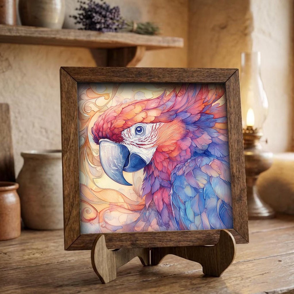 Framed Watercolor Parrot Art Print | Colorful Bird Shelf Decor