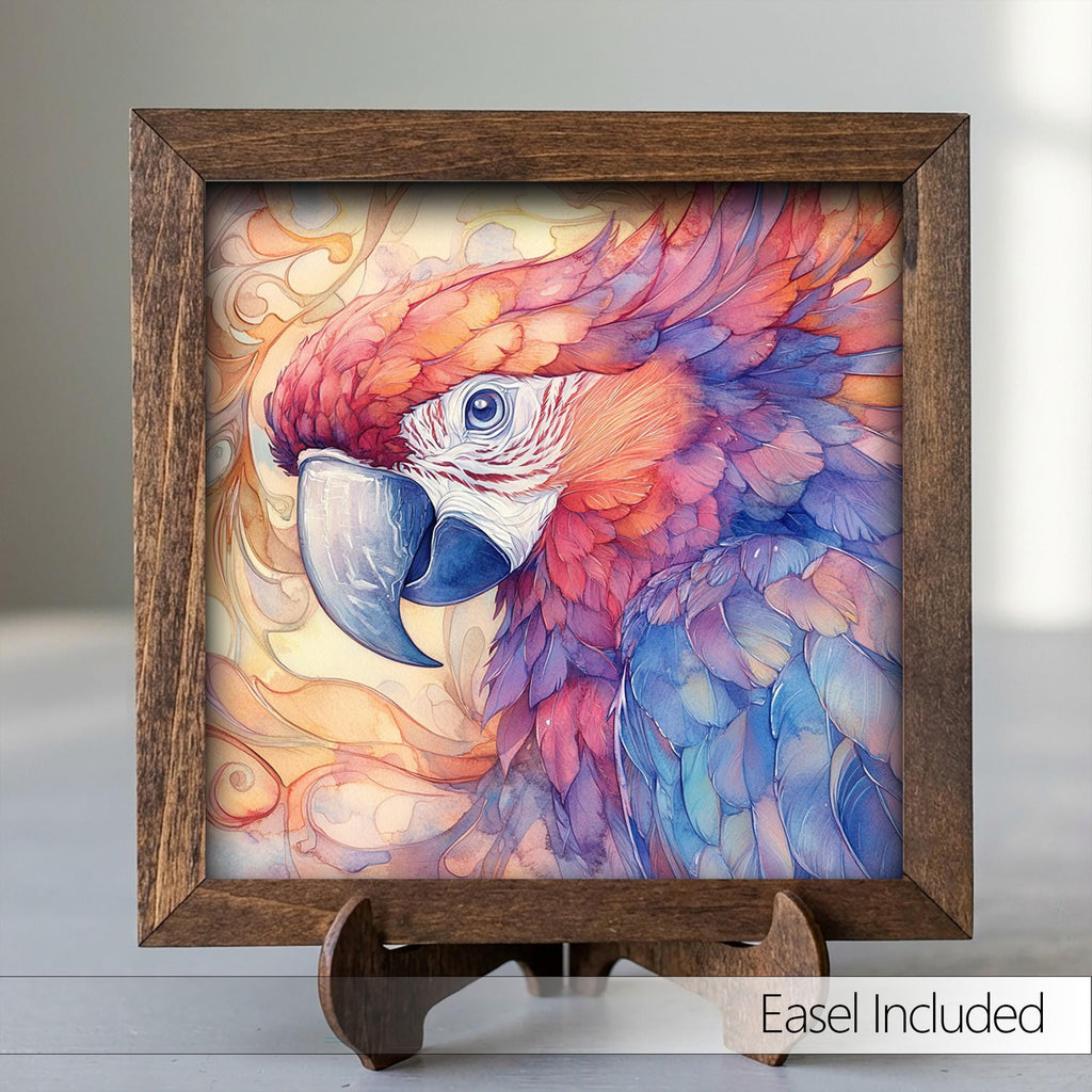 Framed Watercolor Parrot Art Print | Colorful Bird Shelf Decor