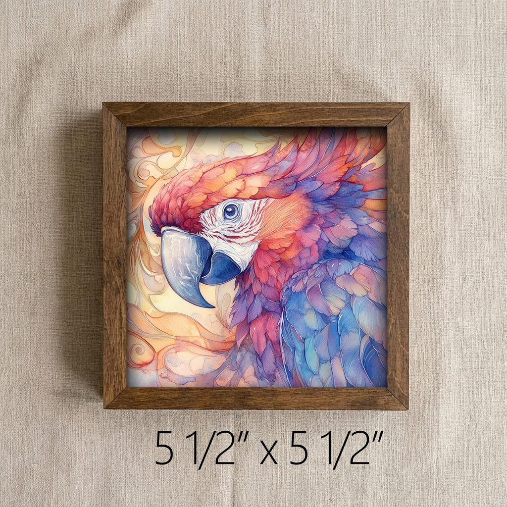 Framed Watercolor Parrot Art Print | Colorful Bird Shelf Decor