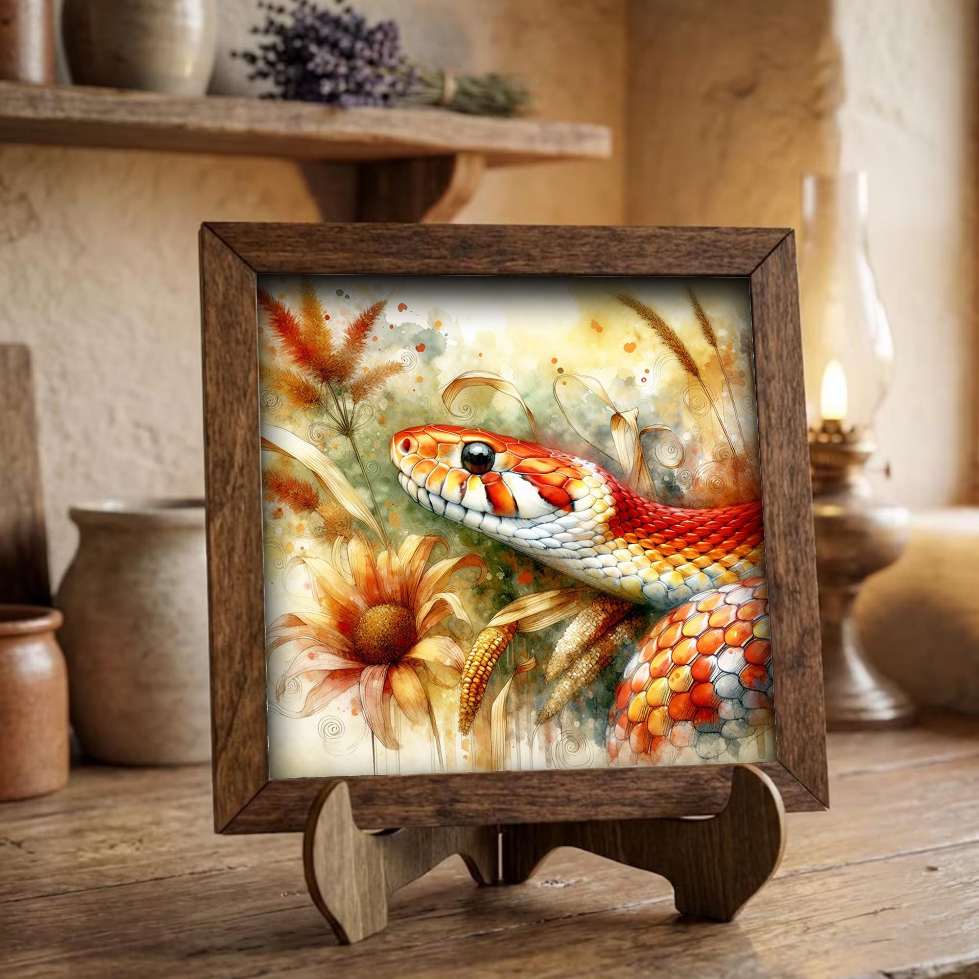 Framed Corn Snake Art Print | Rustic Farmhouse Shelf Decor