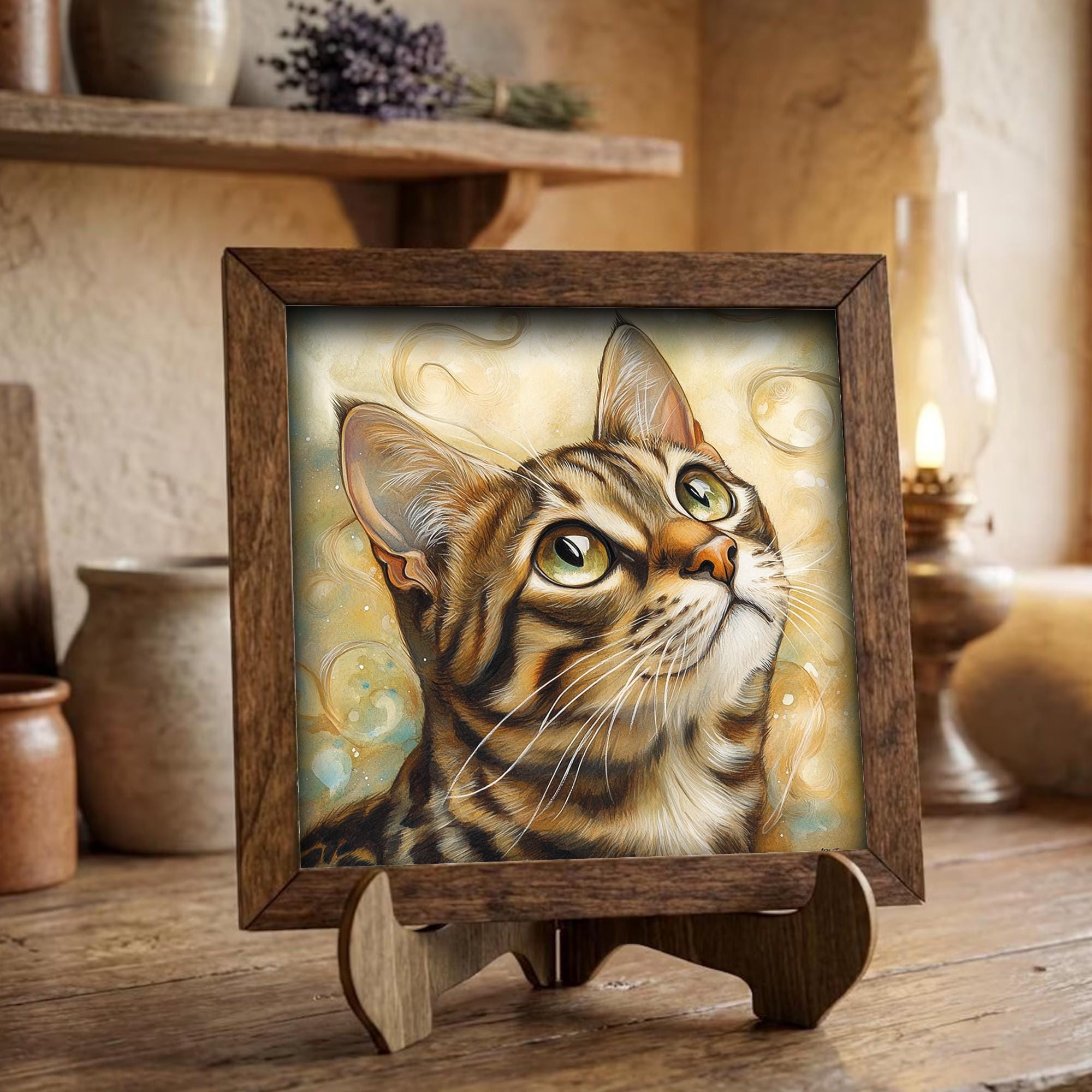 Framed Tabby Cat Art Print | Rustic Farmhouse Shelf Decor