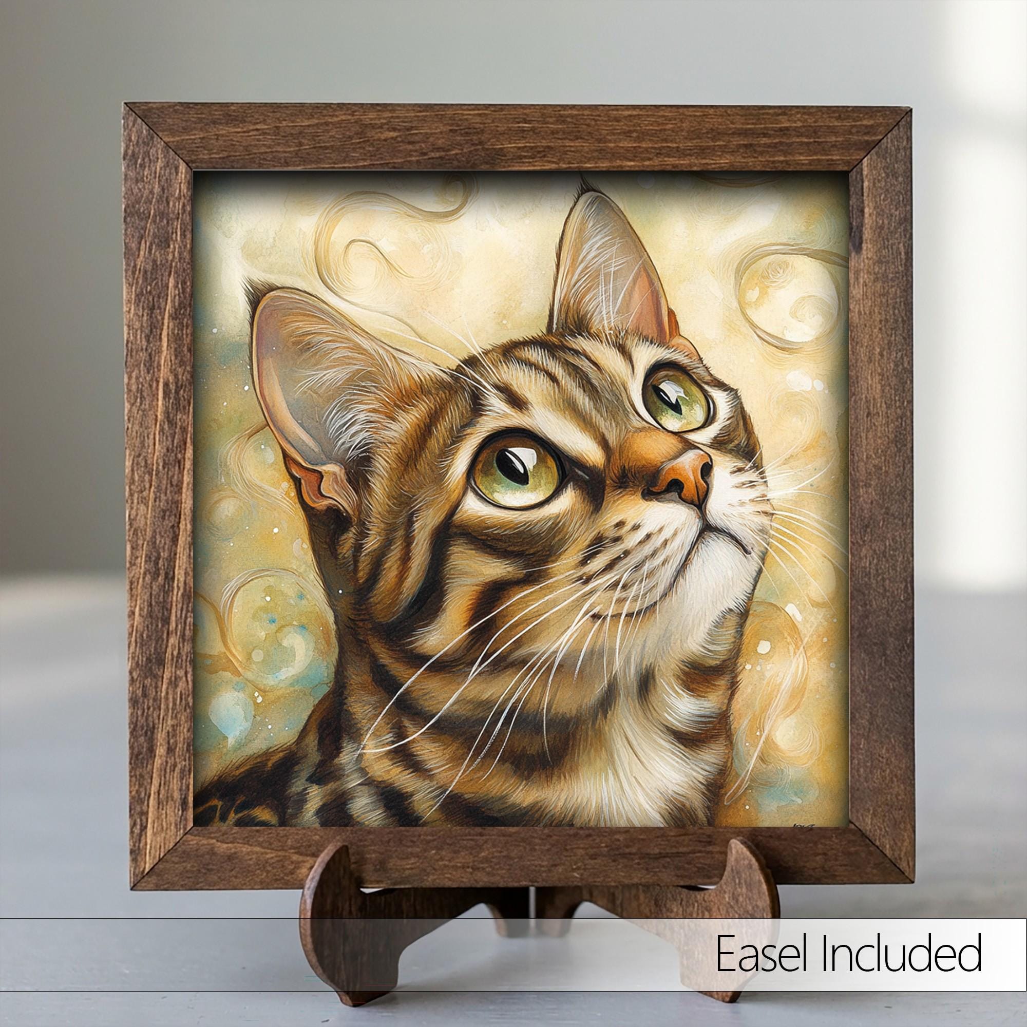 Framed Tabby Cat Art Print | Rustic Farmhouse Shelf Decor