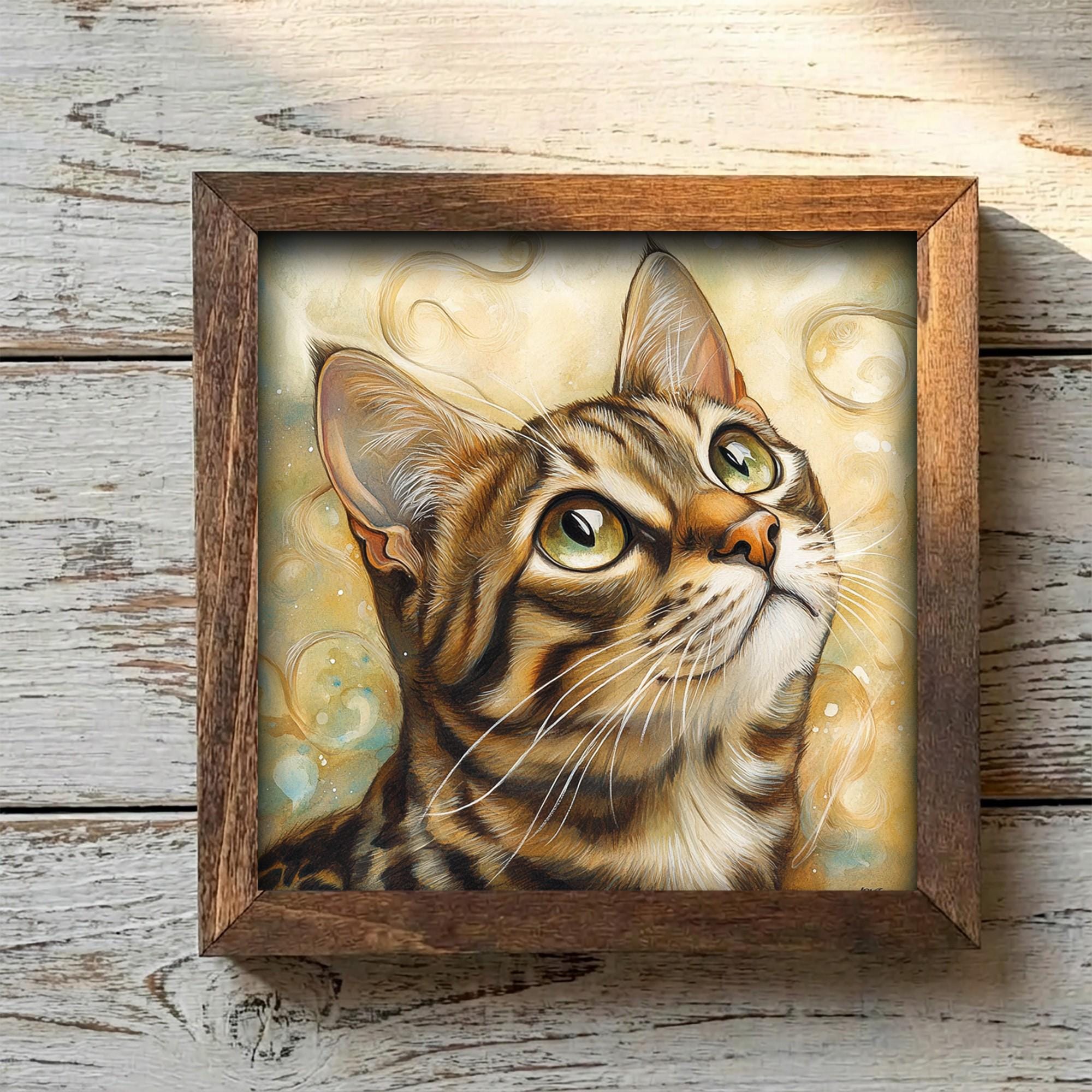Framed Tabby Cat Art Print | Rustic Farmhouse Shelf Decor