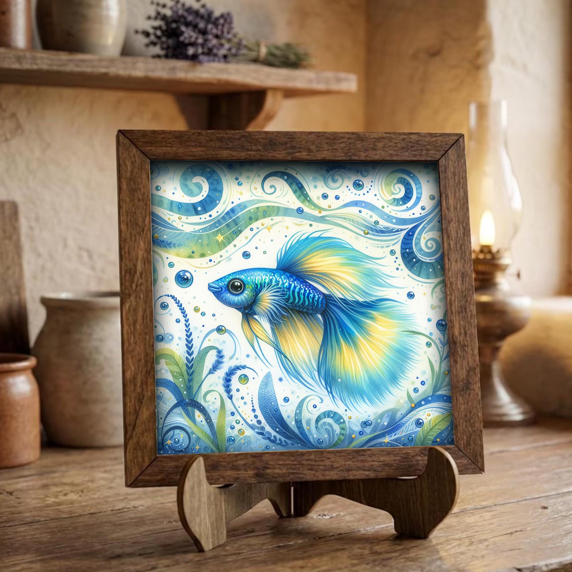 Framed Betta Fish Art Print | Coastal Blue Watercolor Shelf Decor
