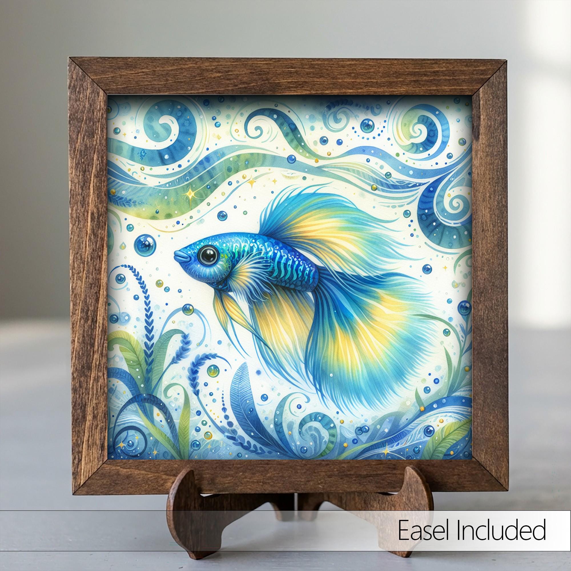 Framed Betta Fish Art Print | Coastal Blue Watercolor Shelf Decor