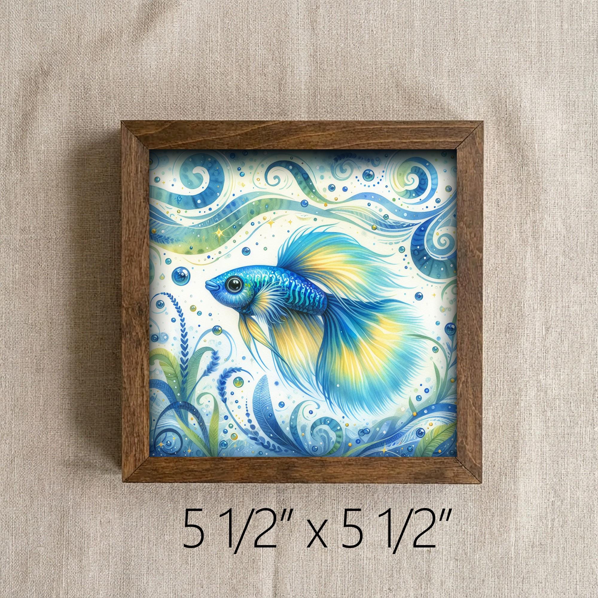 Framed Betta Fish Art Print | Coastal Blue Watercolor Shelf Decor