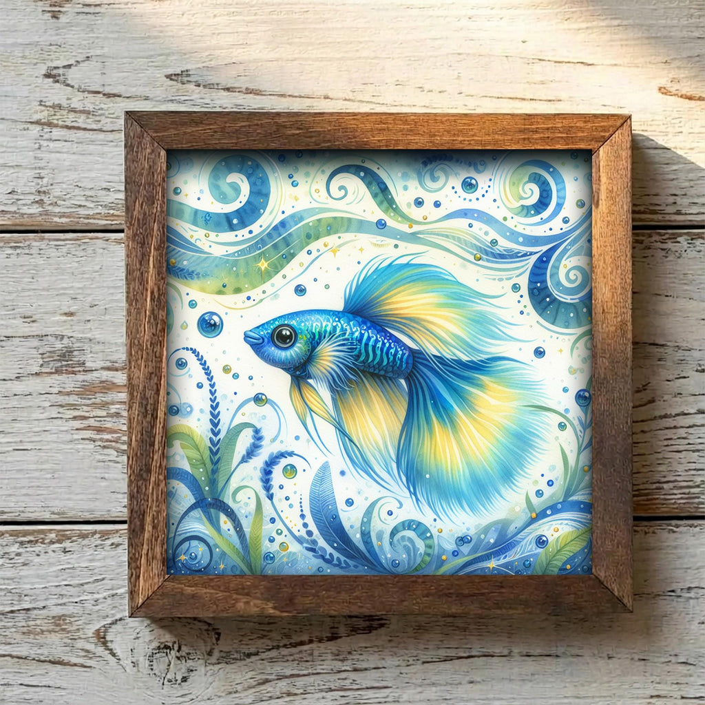 Framed Betta Fish Art Print | Coastal Blue Watercolor Shelf Decor