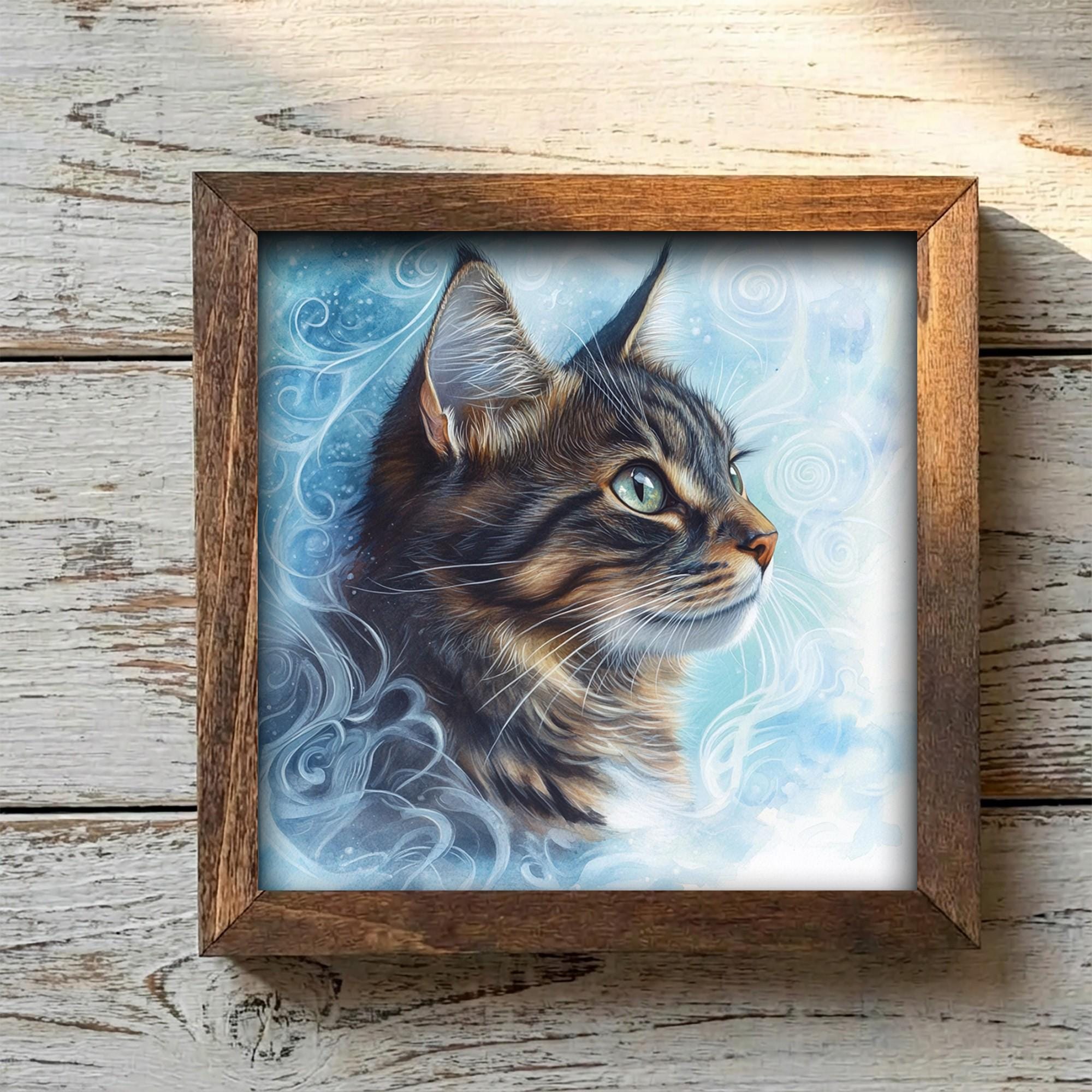 Framed Tabby Cat Art Print | Rustic Farmhouse Shelf Decor