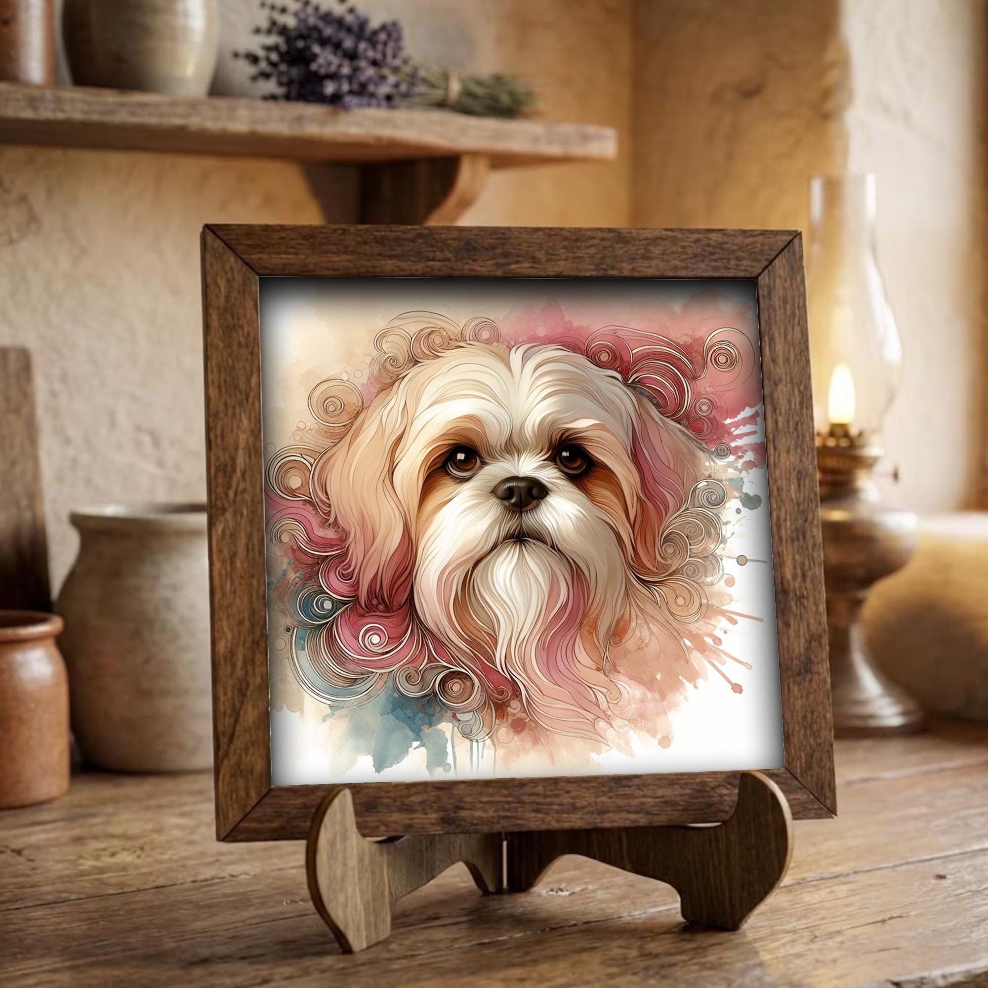Framed Shih Tzu Watercolor Art Print | Rustic Farmhouse Shelf Decor