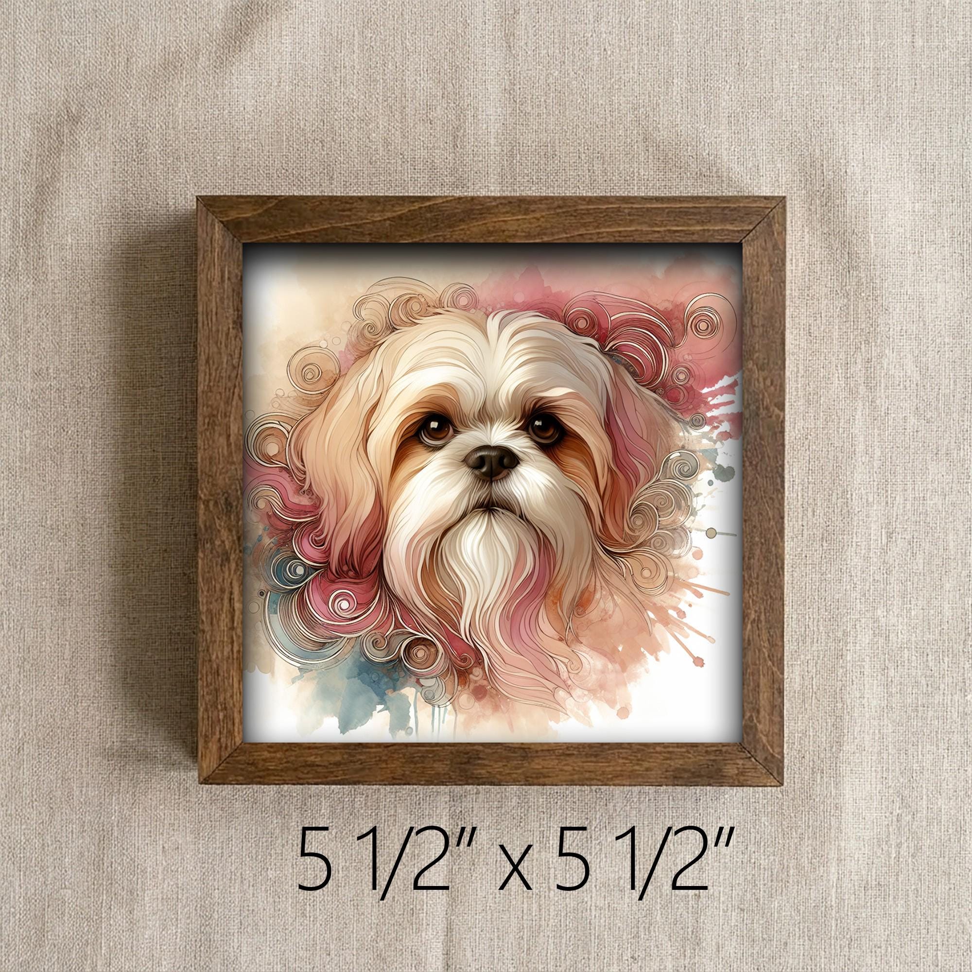 Framed Shih Tzu Watercolor Art Print | Rustic Farmhouse Shelf Decor