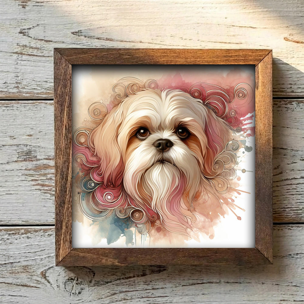 Framed Shih Tzu Watercolor Art Print | Rustic Farmhouse Shelf Decor