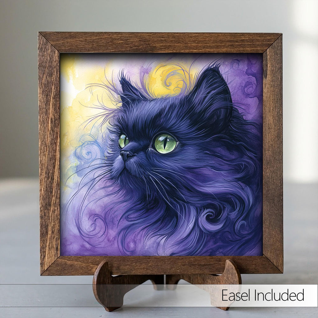 Framed Black Cat Art Print | Purple Watercolor Pet Portrait Decor