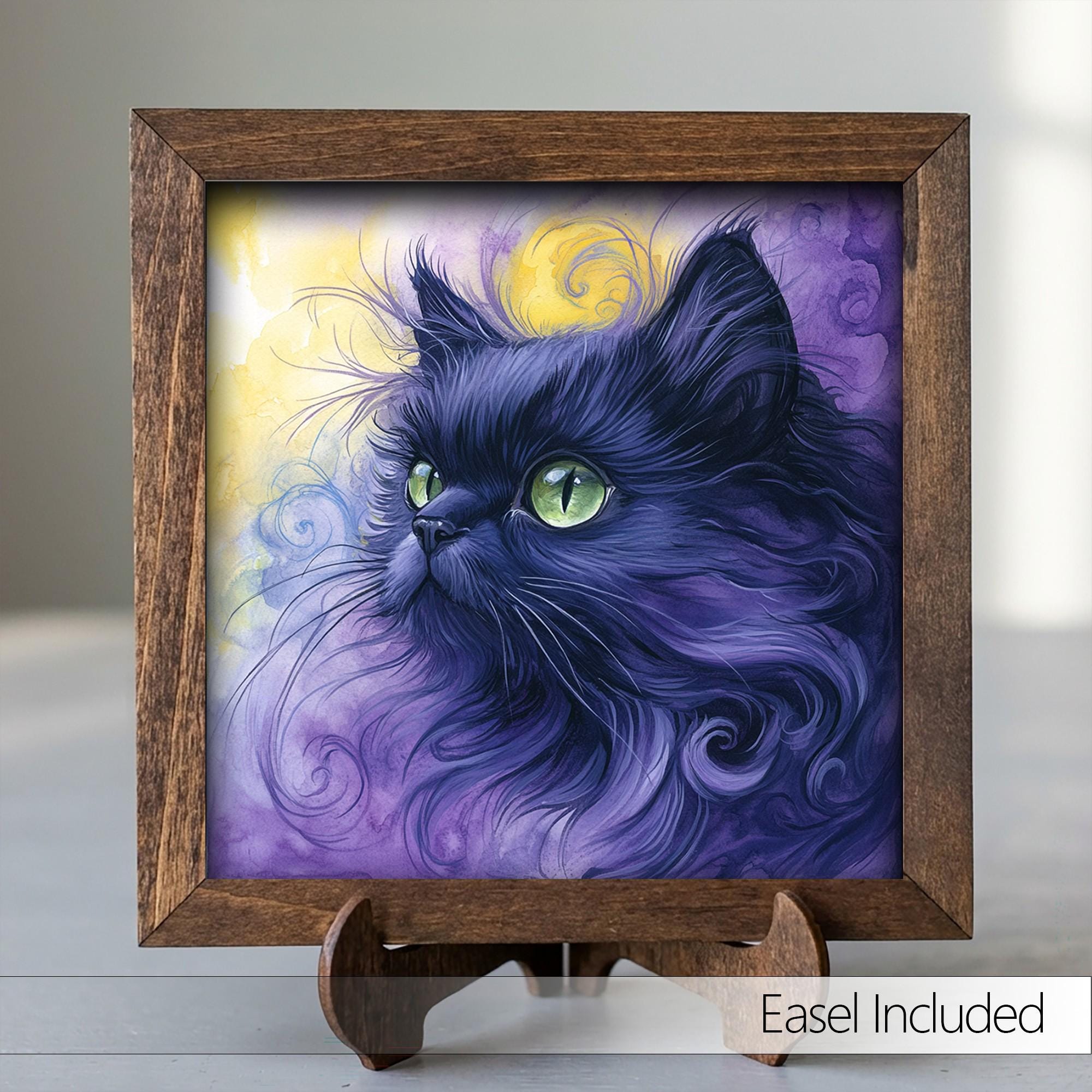 Framed Black Cat Art Print | Purple Watercolor Pet Portrait Decor