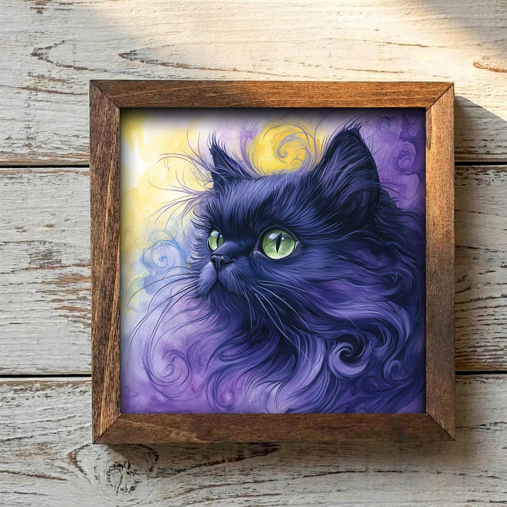 Framed Black Cat Art Print | Purple Watercolor Pet Portrait Decor