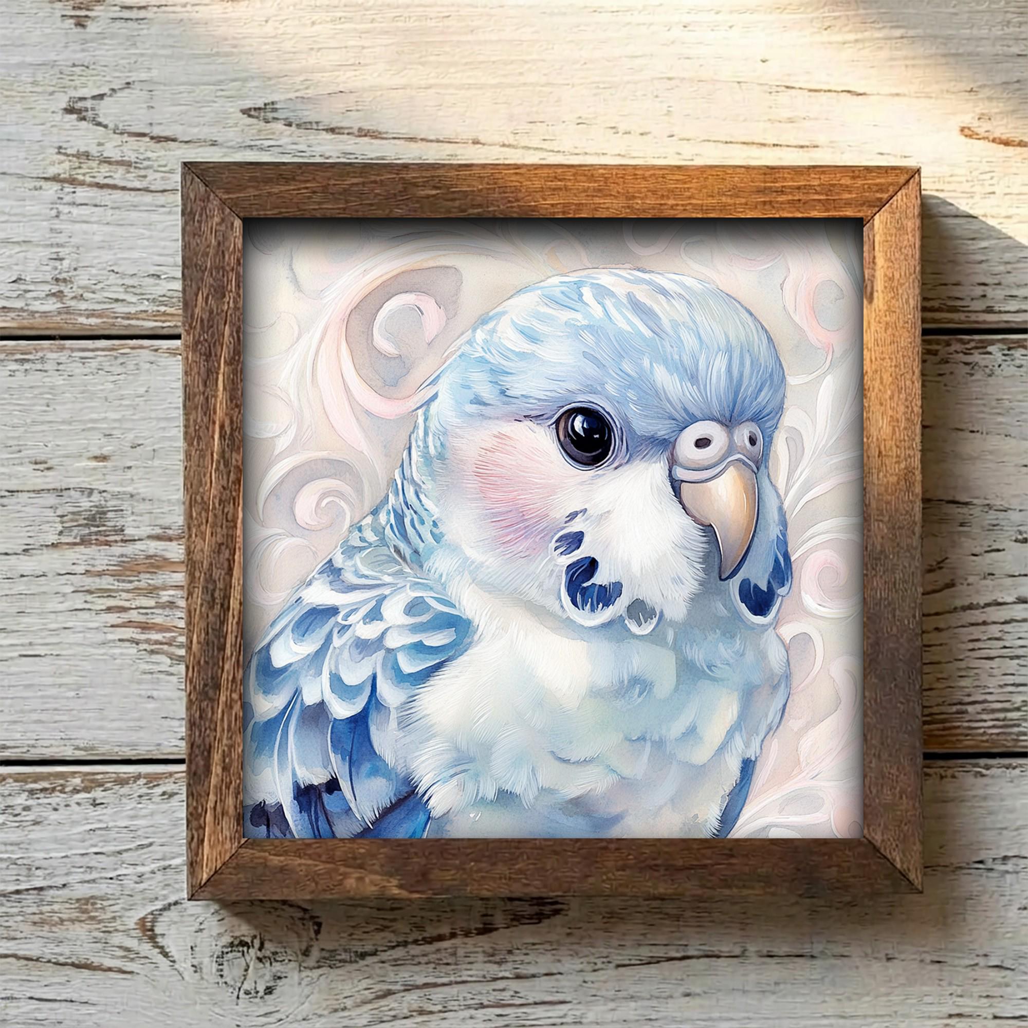 Framed Blue Parakeet Art Print | Rustic Farmhouse Bird Decor