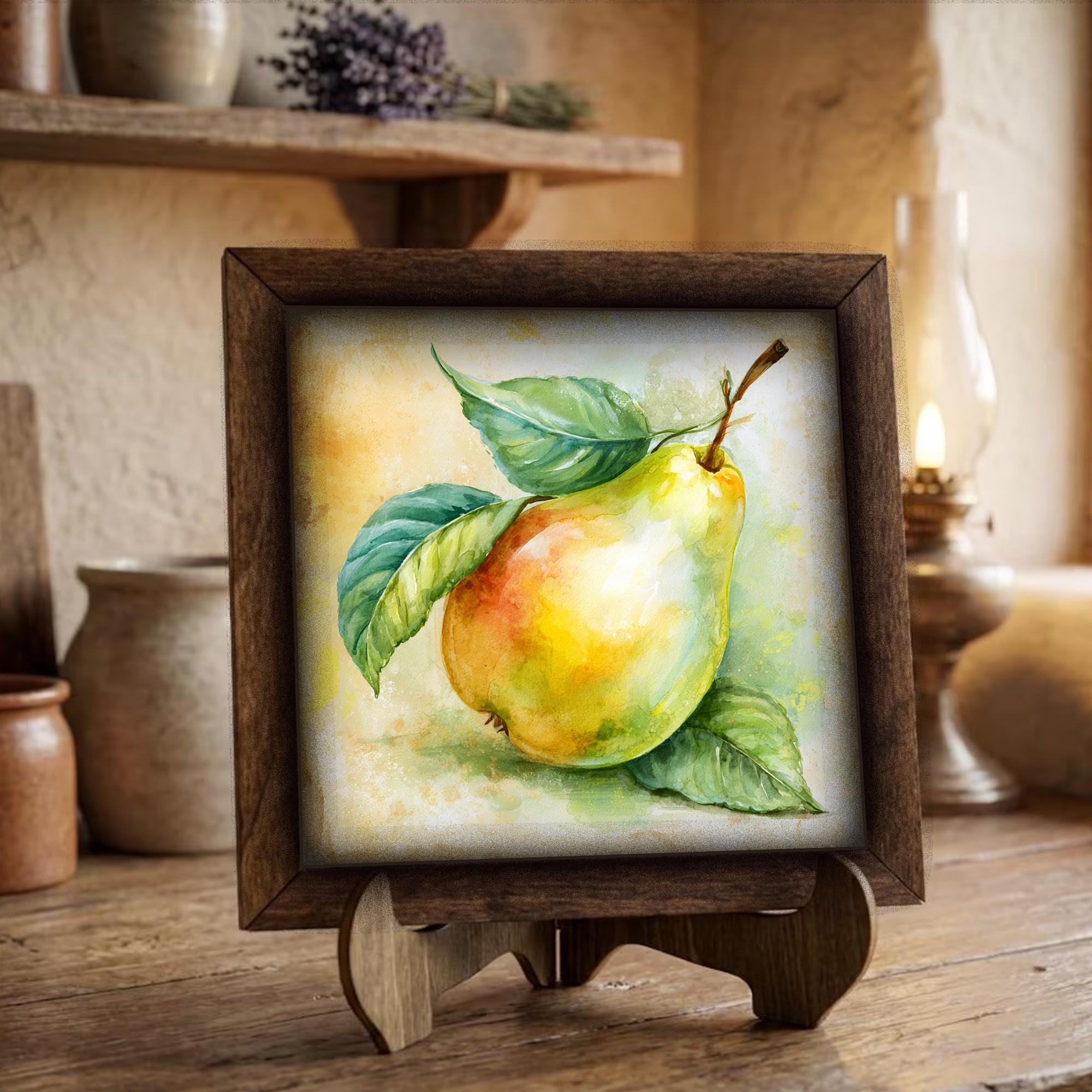 Framed Pear Art Print | Rustic Farmhouse Kitchen Decor (Easel Included)