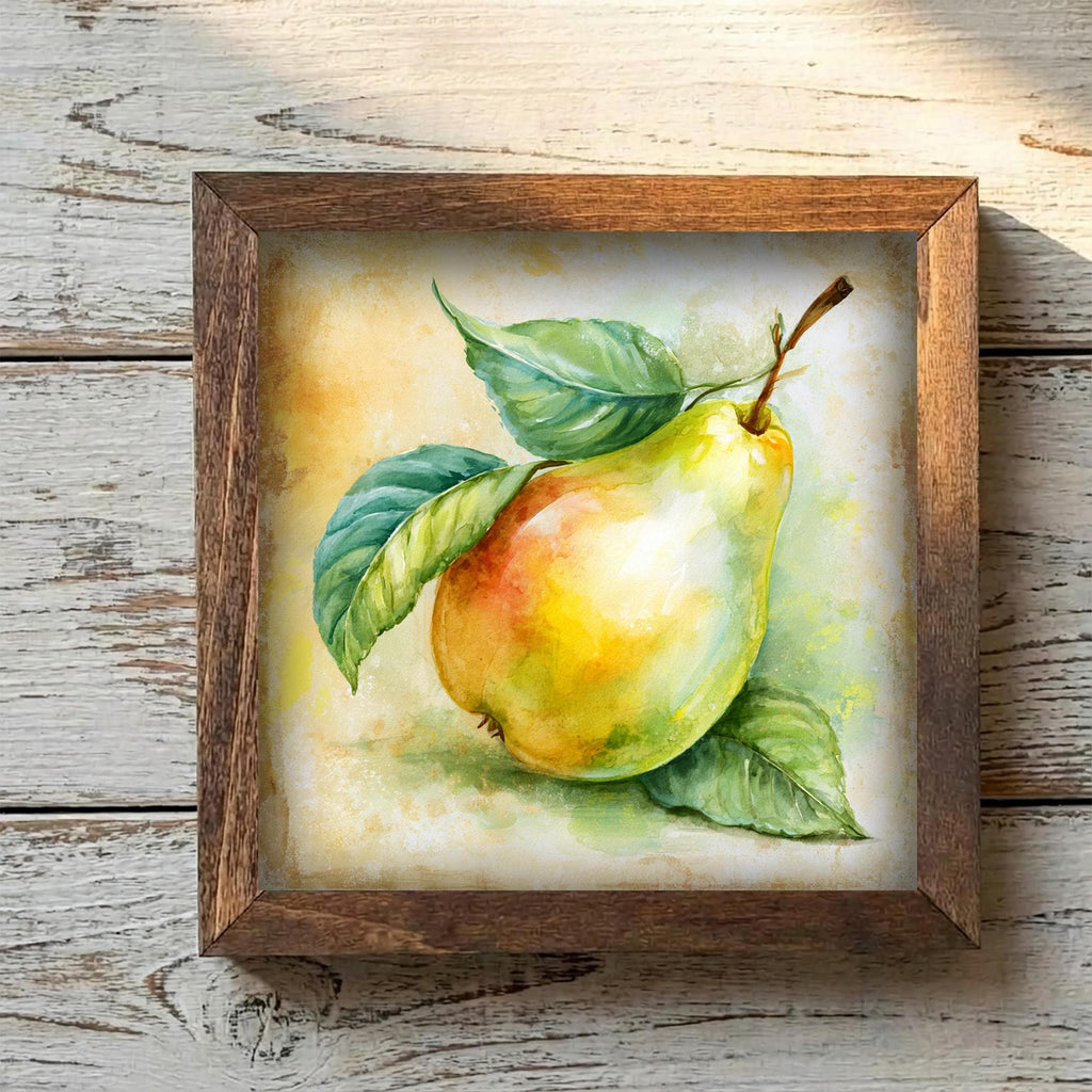 Framed Pear Art Print | Rustic Farmhouse Kitchen Decor (Easel Included)