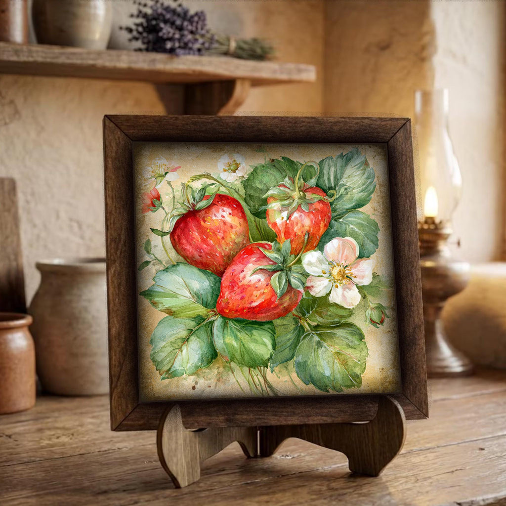 Framed Strawberry and Blossom Art Print | Rustic Farmhouse Shelf Decor