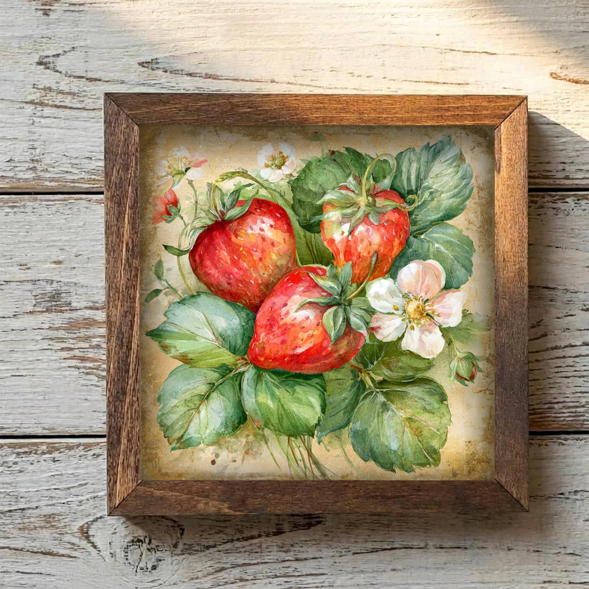 Framed Strawberry and Blossom Art Print | Rustic Farmhouse Shelf Decor