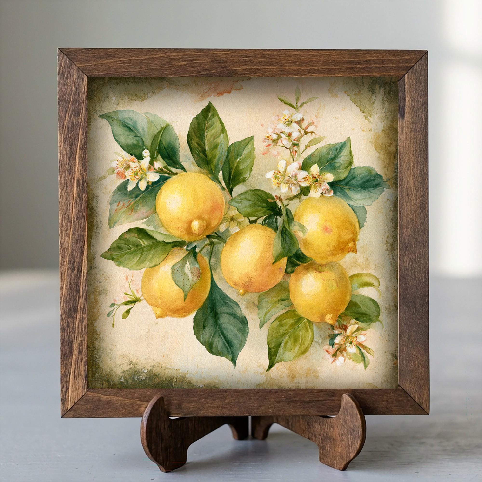 Framed Lemon Botanical Art Print | Rustic Farmhouse Shelf Decor