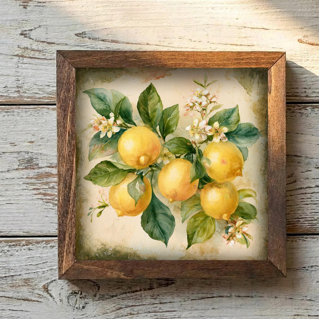 Framed Lemon Botanical Art Print | Rustic Farmhouse Shelf Decor
