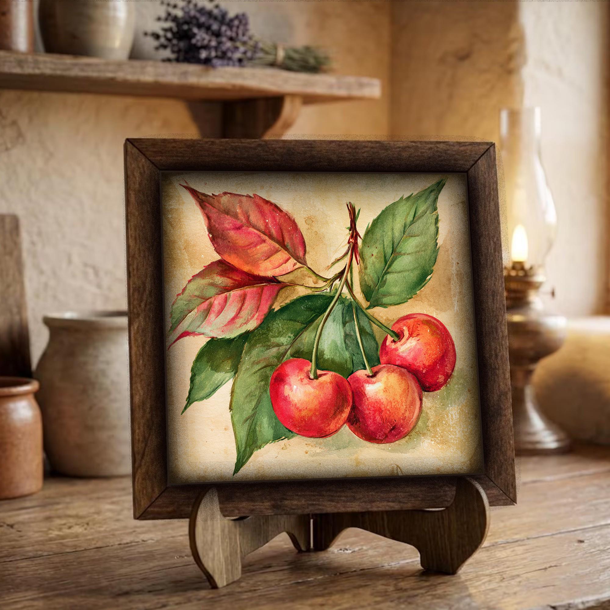 Framed Cherry Art Print | Vintage Botanical Farmhouse Shelf Decor
