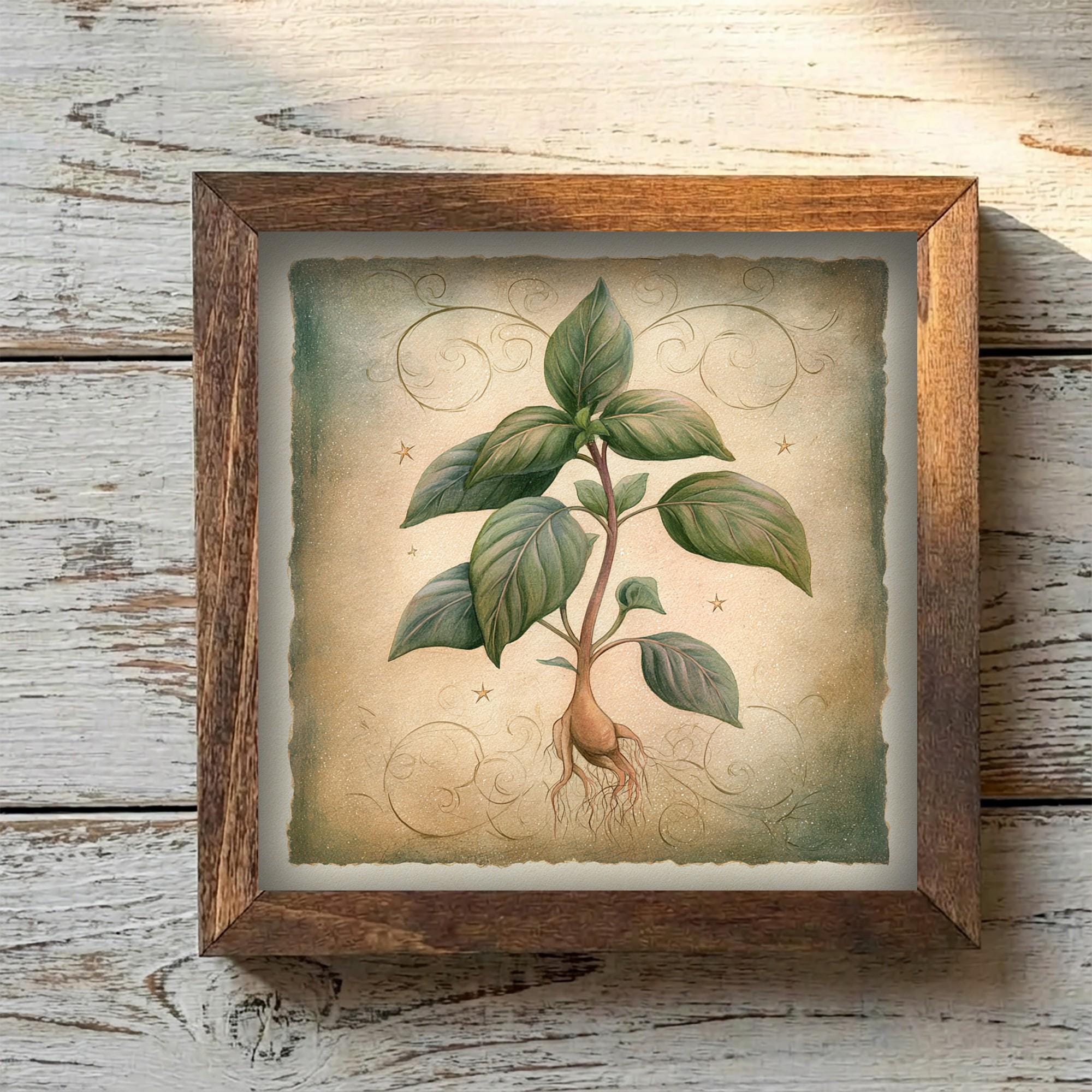 Framed Botanical Plant Art Print | Rustic Farmhouse Shelf Decor