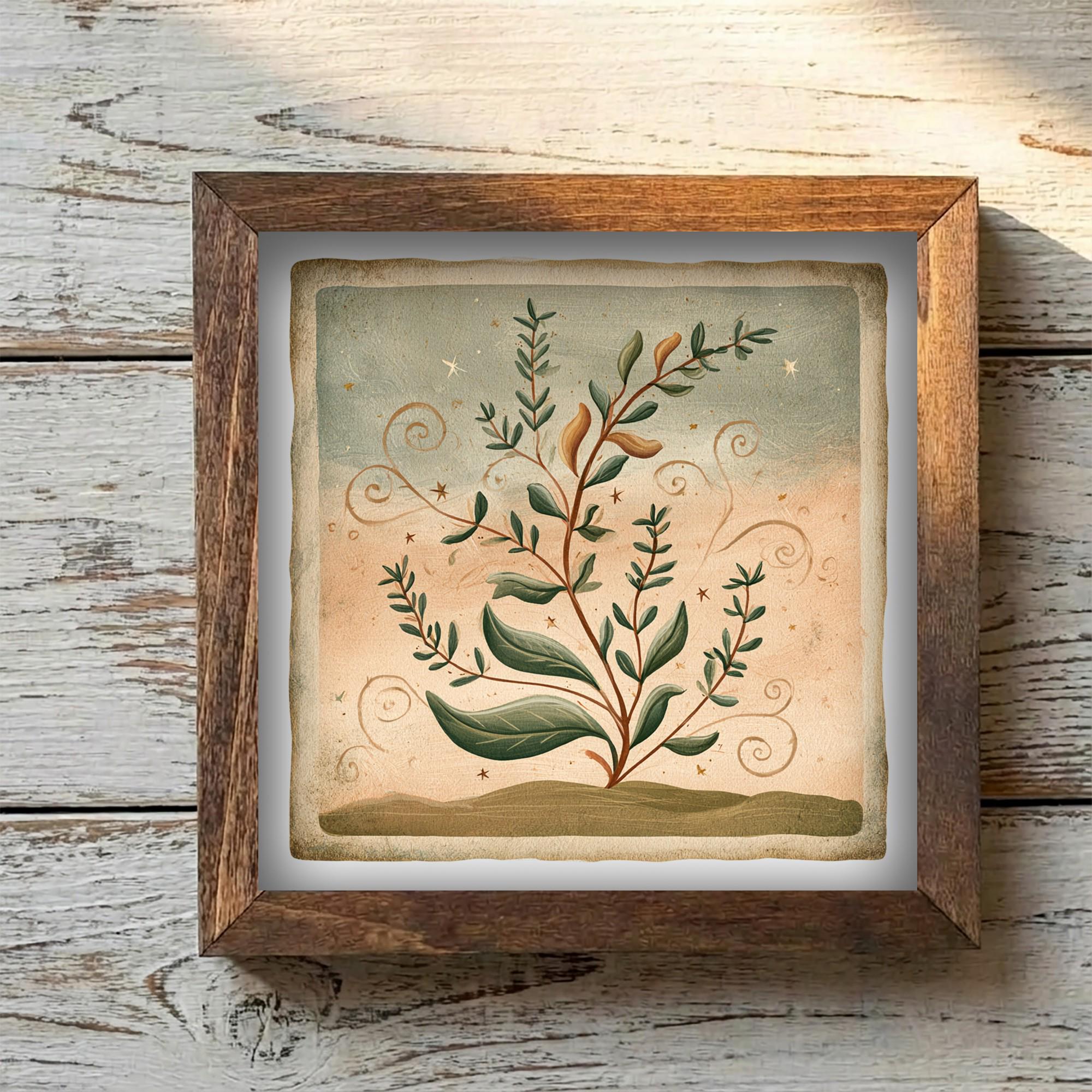 Framed Herbal Botanical Art Print | Rustic Farmhouse Shelf Decor
