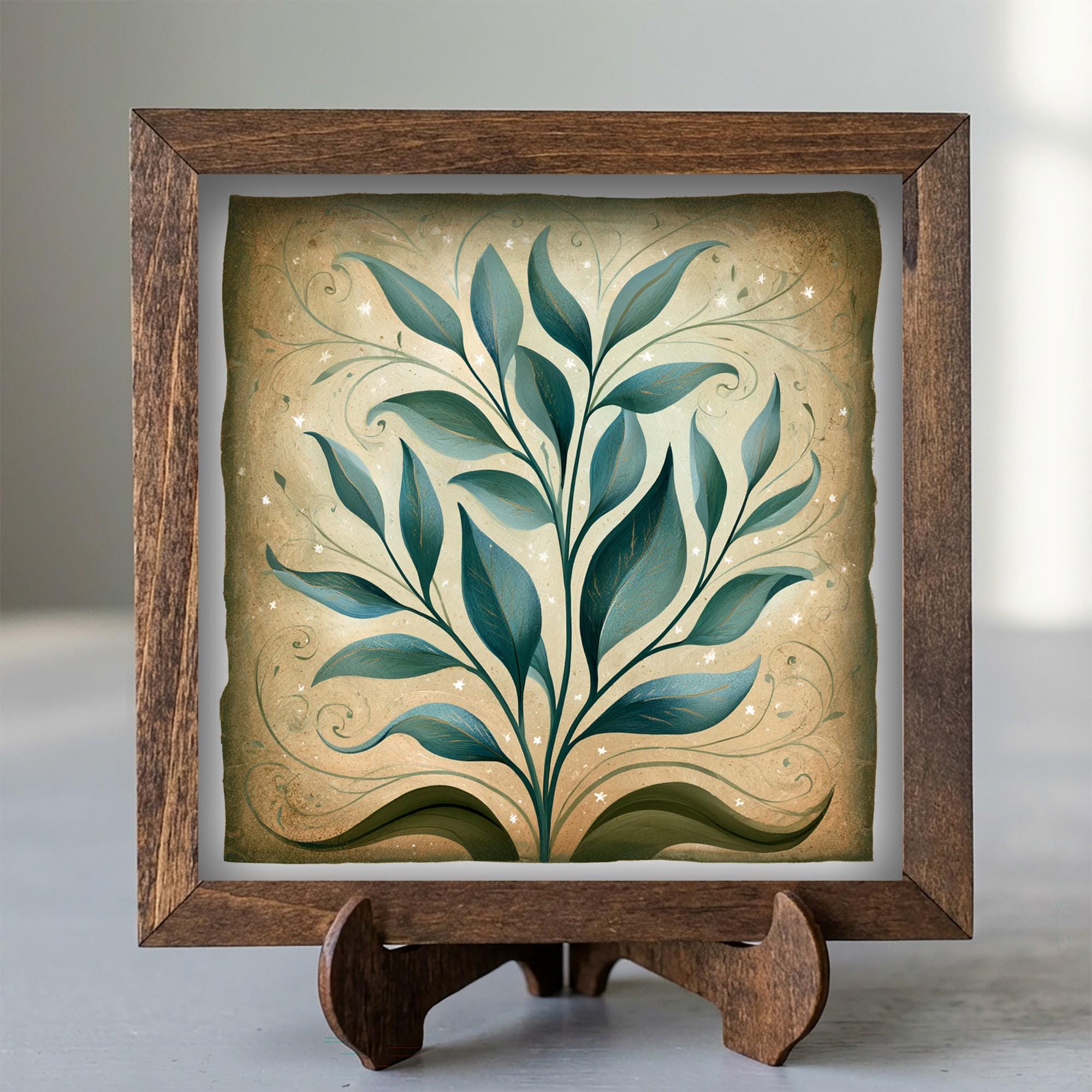 Framed Teal Botanical Art Print | Rustic Farmhouse Shelf Decor