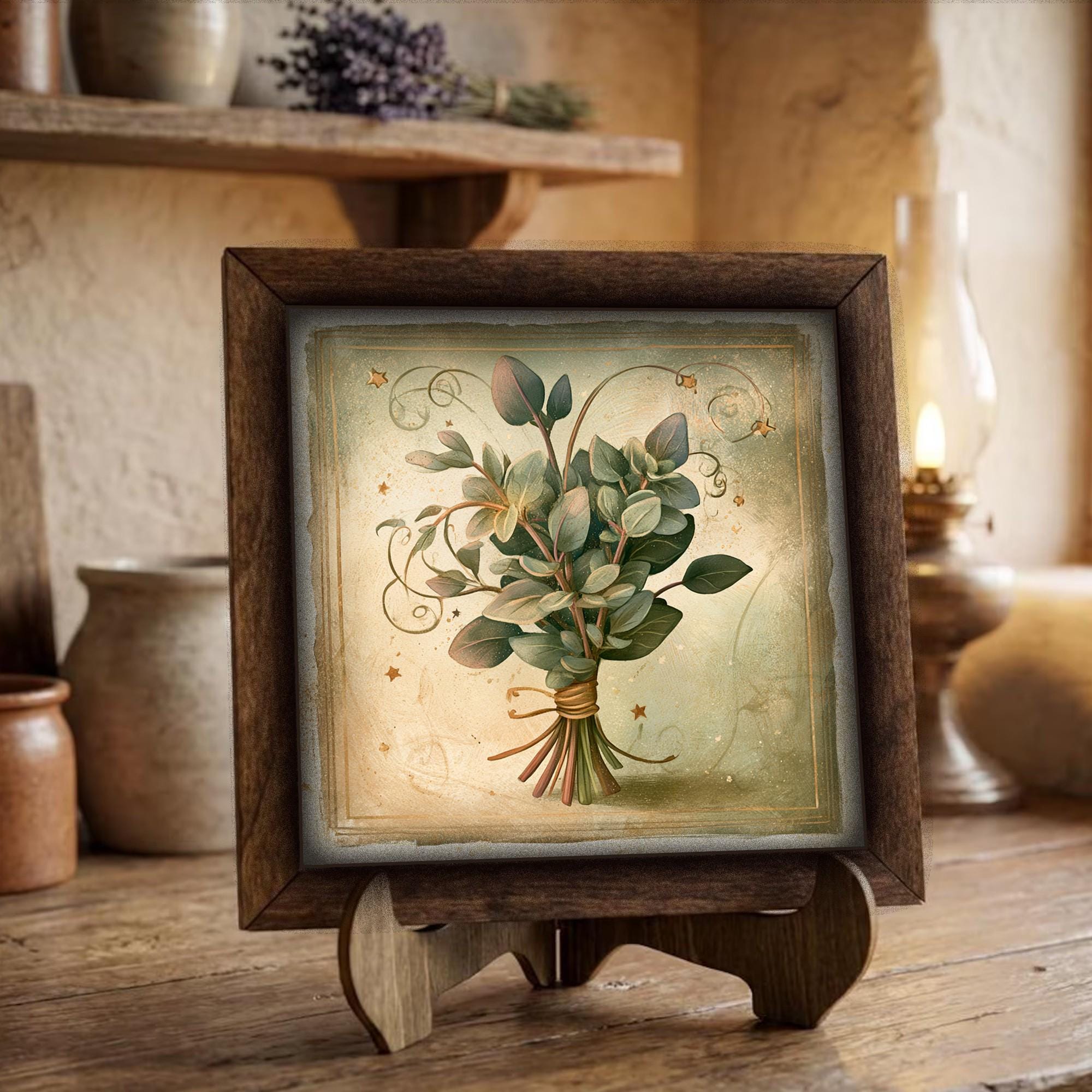 Framed Eucalyptus Bouquet Art Print | Rustic Farmhouse Shelf Decor