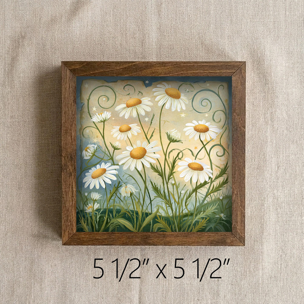 Framed Daisy Art Print | Rustic Farmhouse Shelf Decor (Easel Included)
