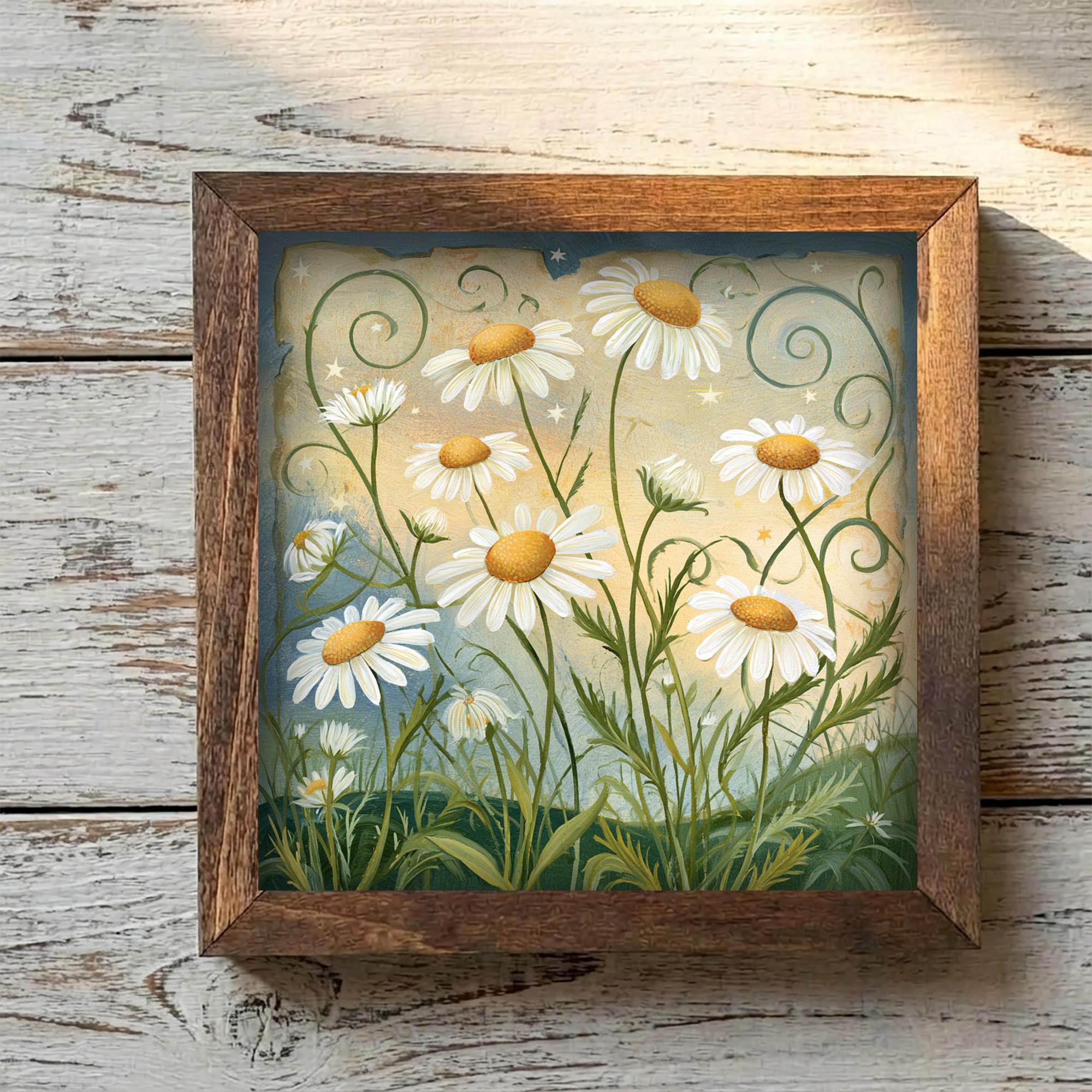 Framed Daisy Art Print | Rustic Farmhouse Shelf Decor (Easel Included)