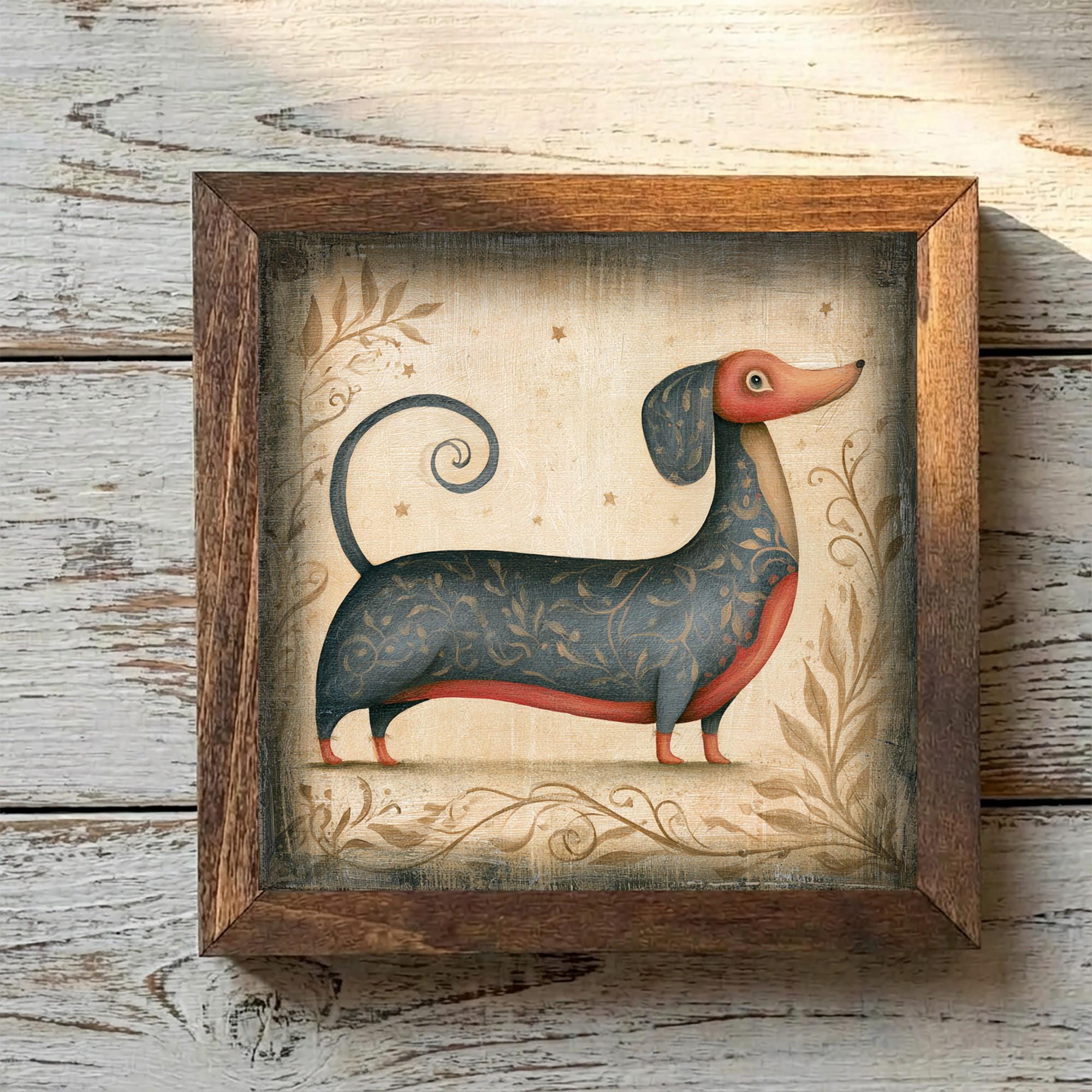 Framed Dachshund Art Print | Rustic Farmhouse Dog Decor (Easel Included)