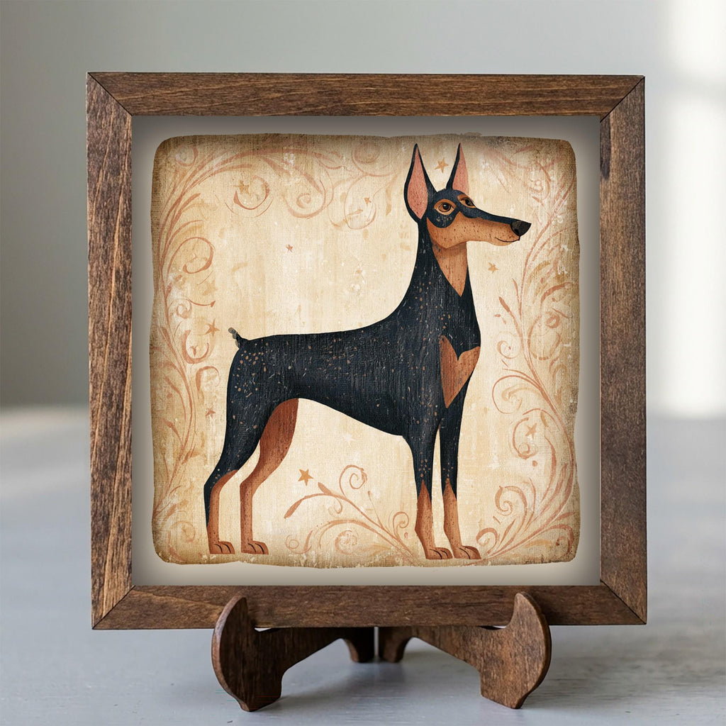 Framed Doberman Art Print | Rustic Farmhouse Dog Decor (Easel Included)