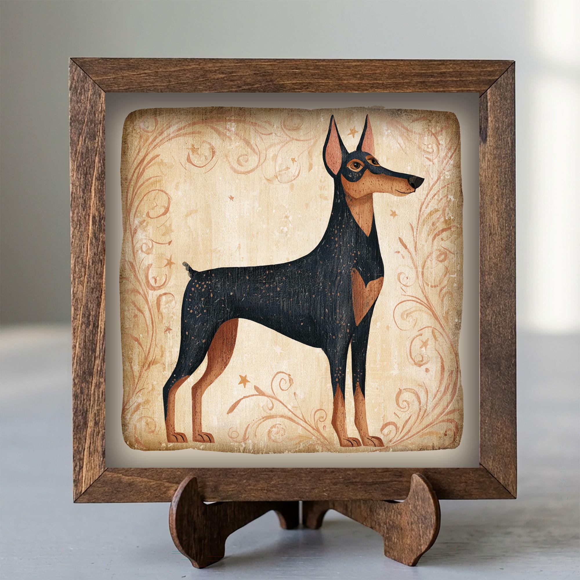 Framed Doberman Art Print | Rustic Farmhouse Dog Decor (Easel Included)