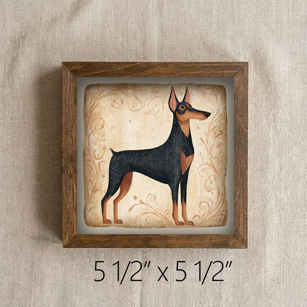 Framed Doberman Art Print | Rustic Farmhouse Dog Decor (Easel Included)