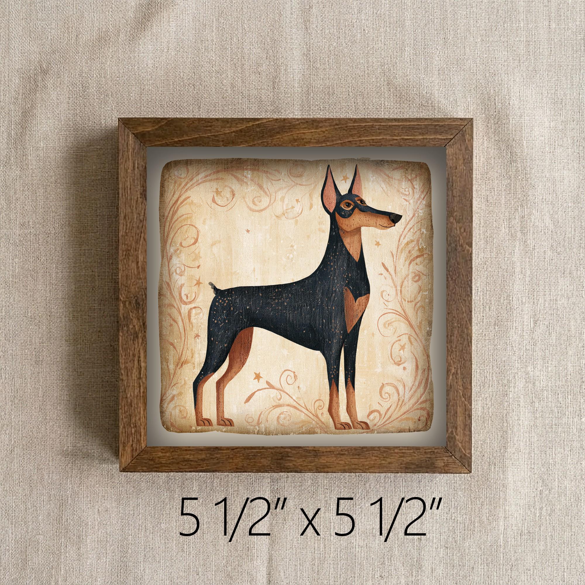 Framed Doberman Art Print | Rustic Farmhouse Dog Decor (Easel Included)