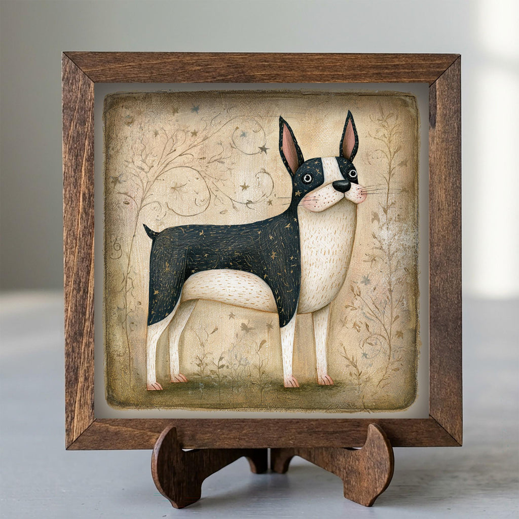 Framed Boston Terrier Art Print | Rustic Farmhouse Dog Decor