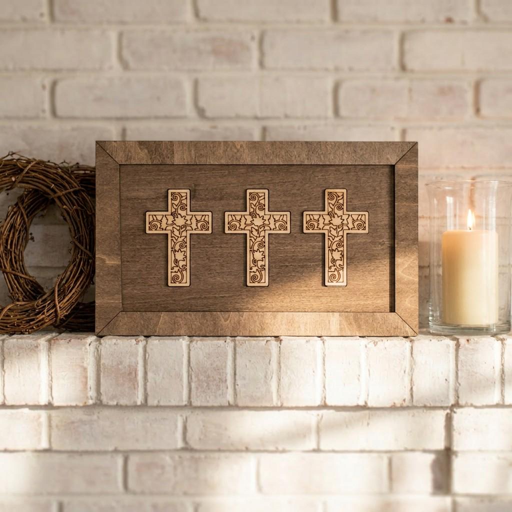 Framed Triple Cross Art Print | Rustic Farmhouse Shelf Decor