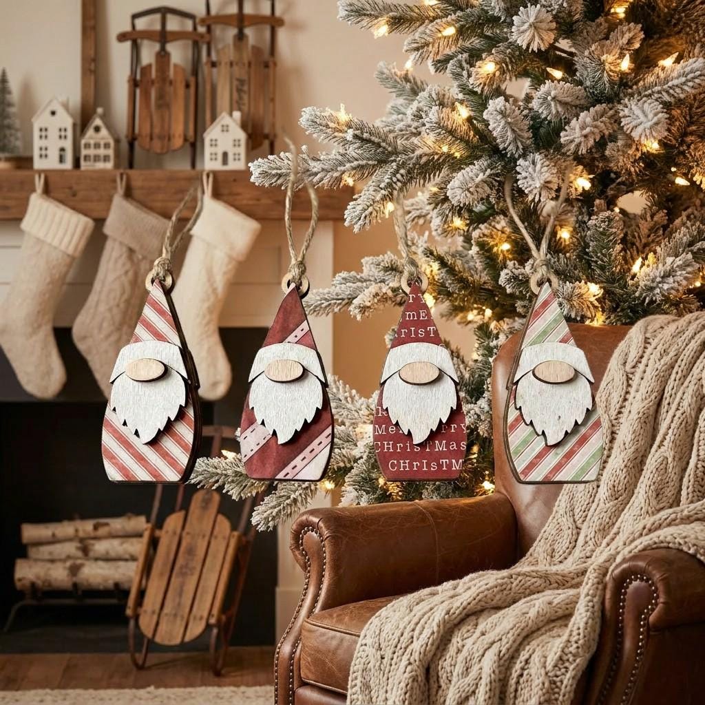 Wood Christmas Gnome Ornaments Set | Rustic Farmhouse Holiday Decor (Set of 3)