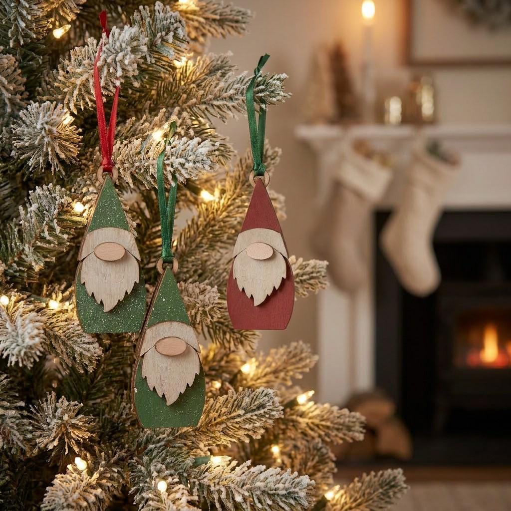 Wood Gnome Christmas Ornaments Set | Rustic Farmhouse Holiday Decor (Set of 3)