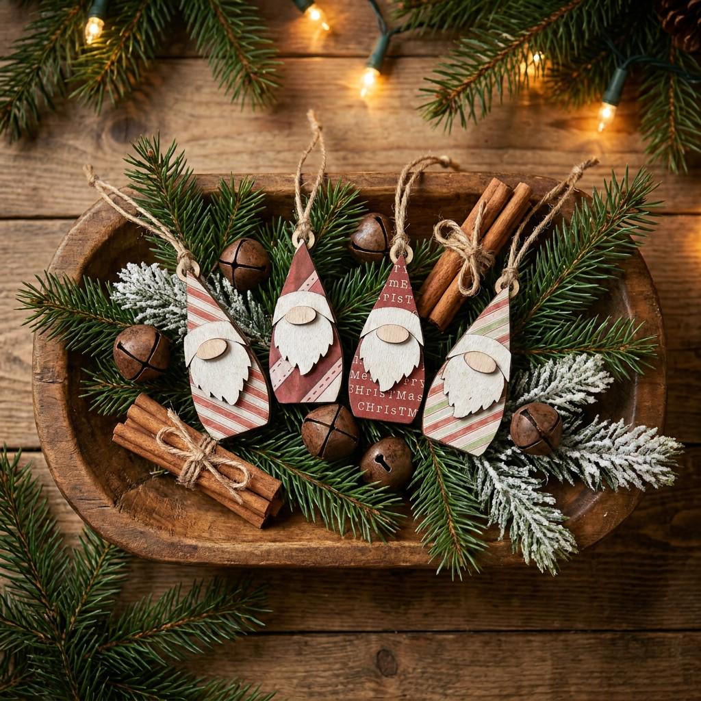 Wood Christmas Gnome Ornaments Set | Rustic Farmhouse Holiday Decor (Set of 3)