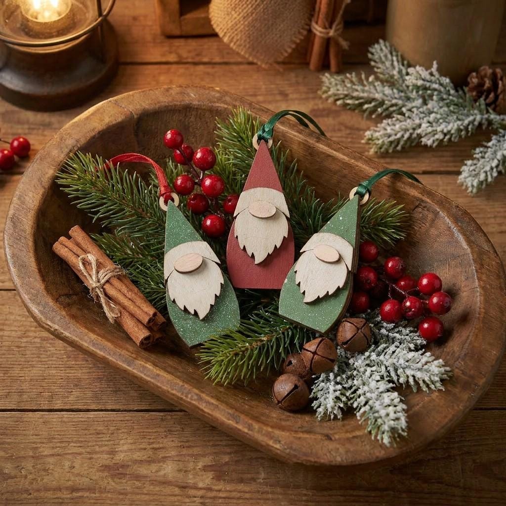 Wood Gnome Christmas Ornaments Set | Rustic Farmhouse Holiday Decor (Set of 3)