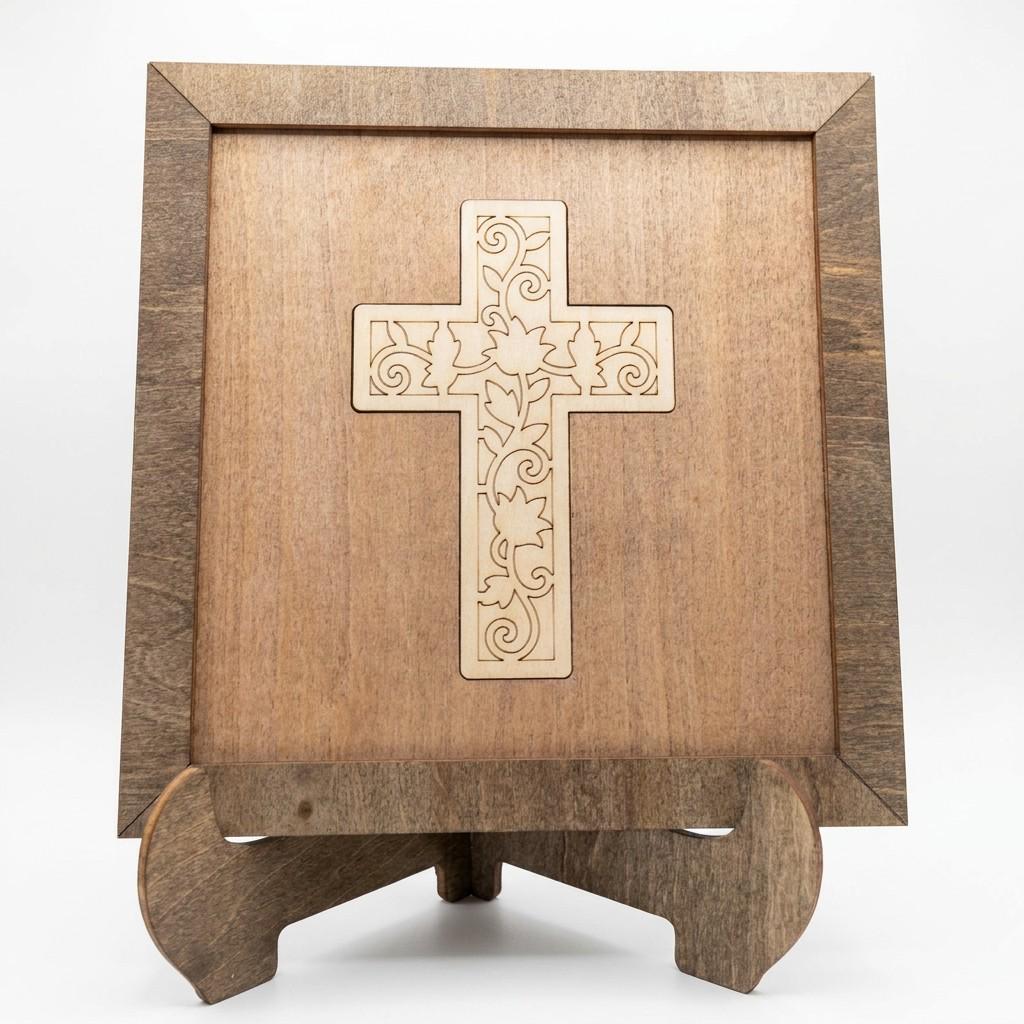 Framed Floral Cross Art Print | Rustic Farmhouse Shelf Decor