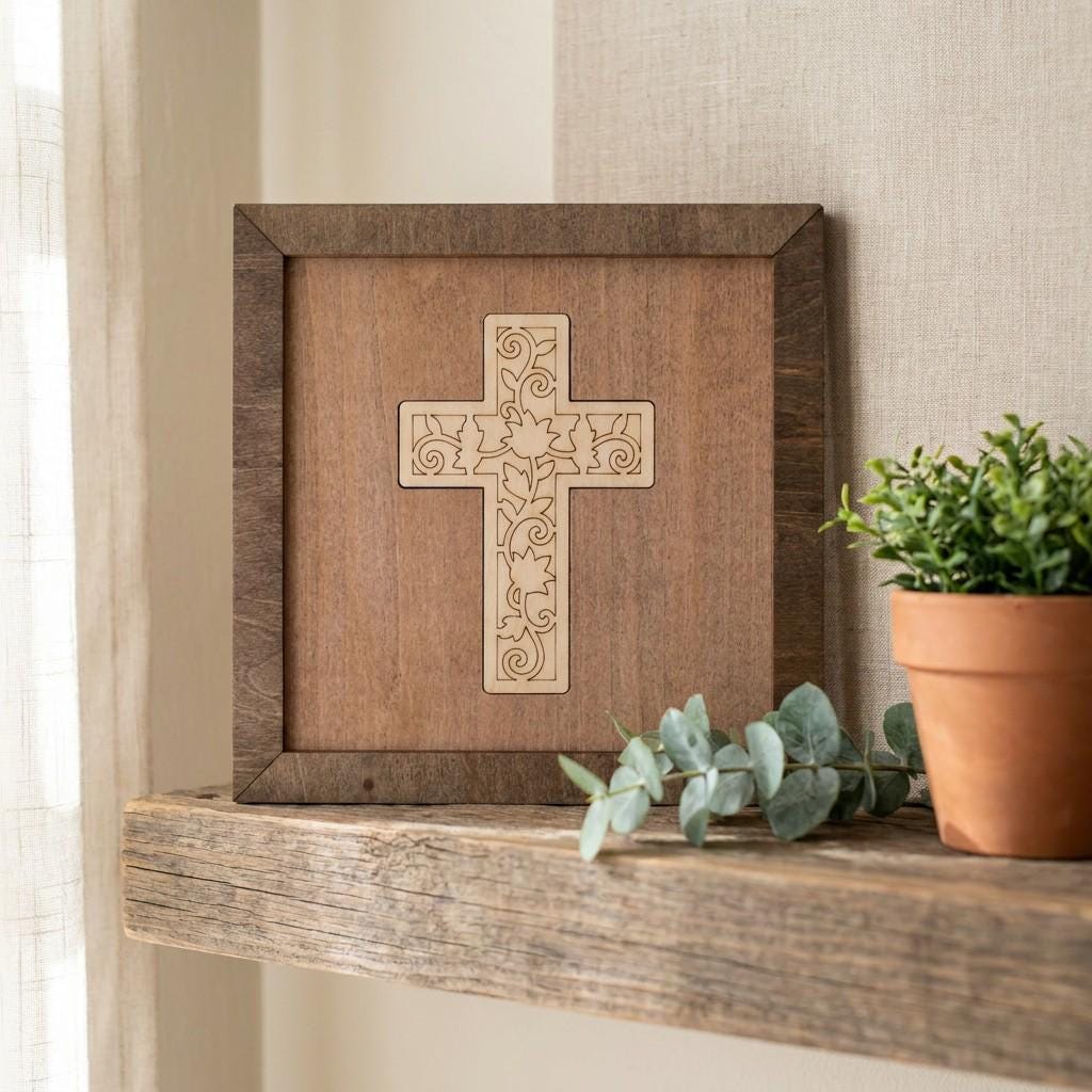 Framed Floral Cross Art Print | Rustic Farmhouse Shelf Decor