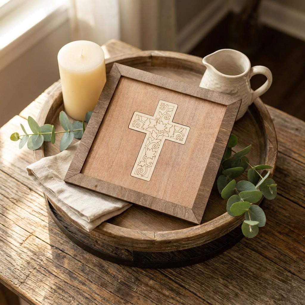 Framed Floral Cross Art Print | Rustic Farmhouse Shelf Decor