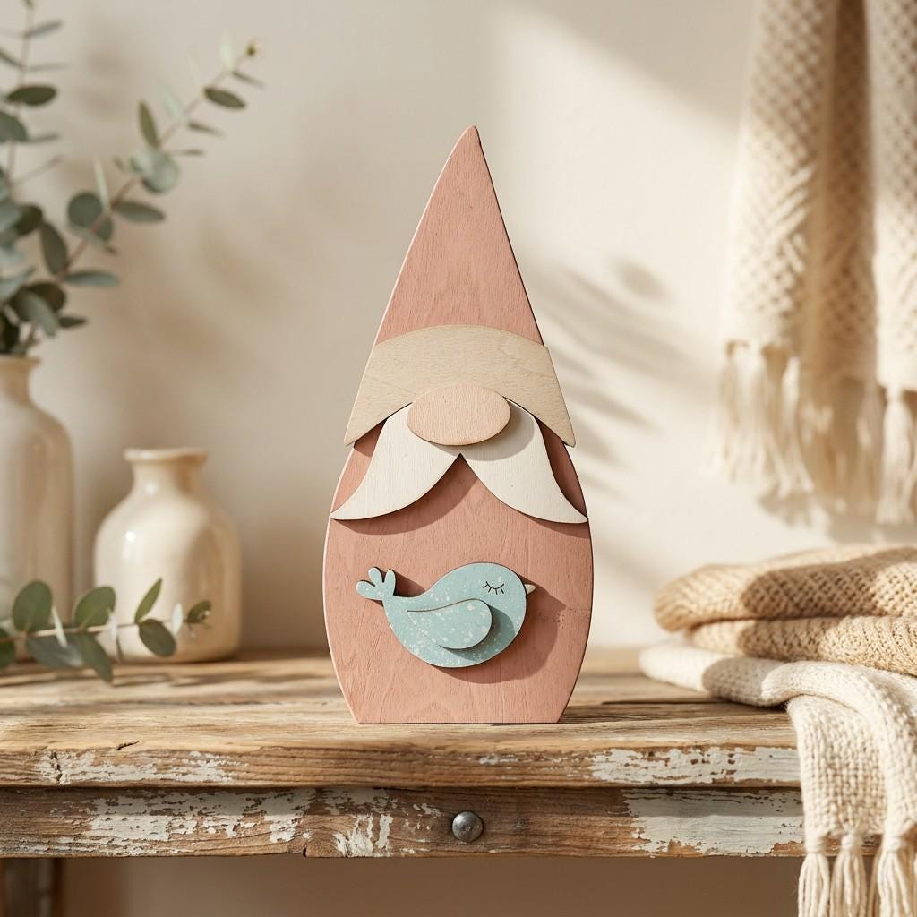Framed Gnome with Bird Art Print | Rustic Farmhouse Shelf Decor