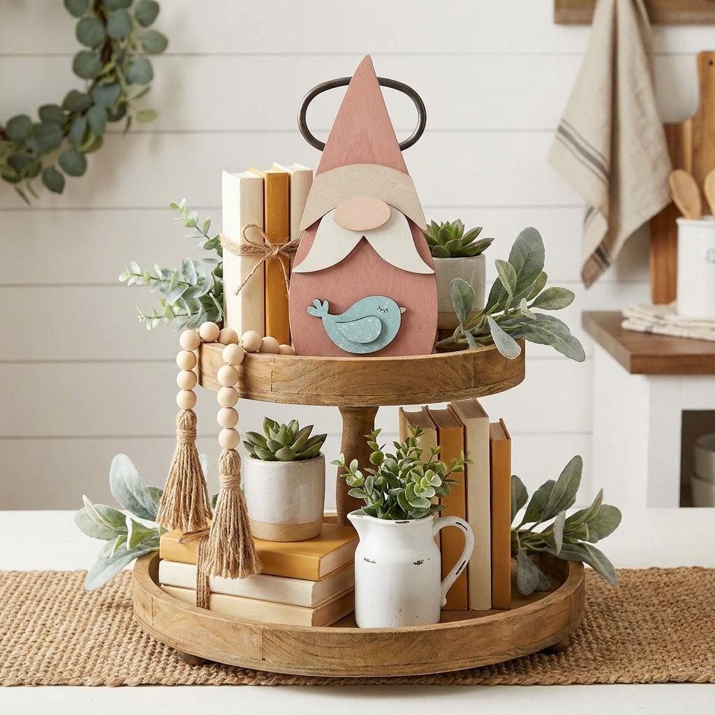 Framed Gnome with Bird Art Print | Rustic Farmhouse Shelf Decor